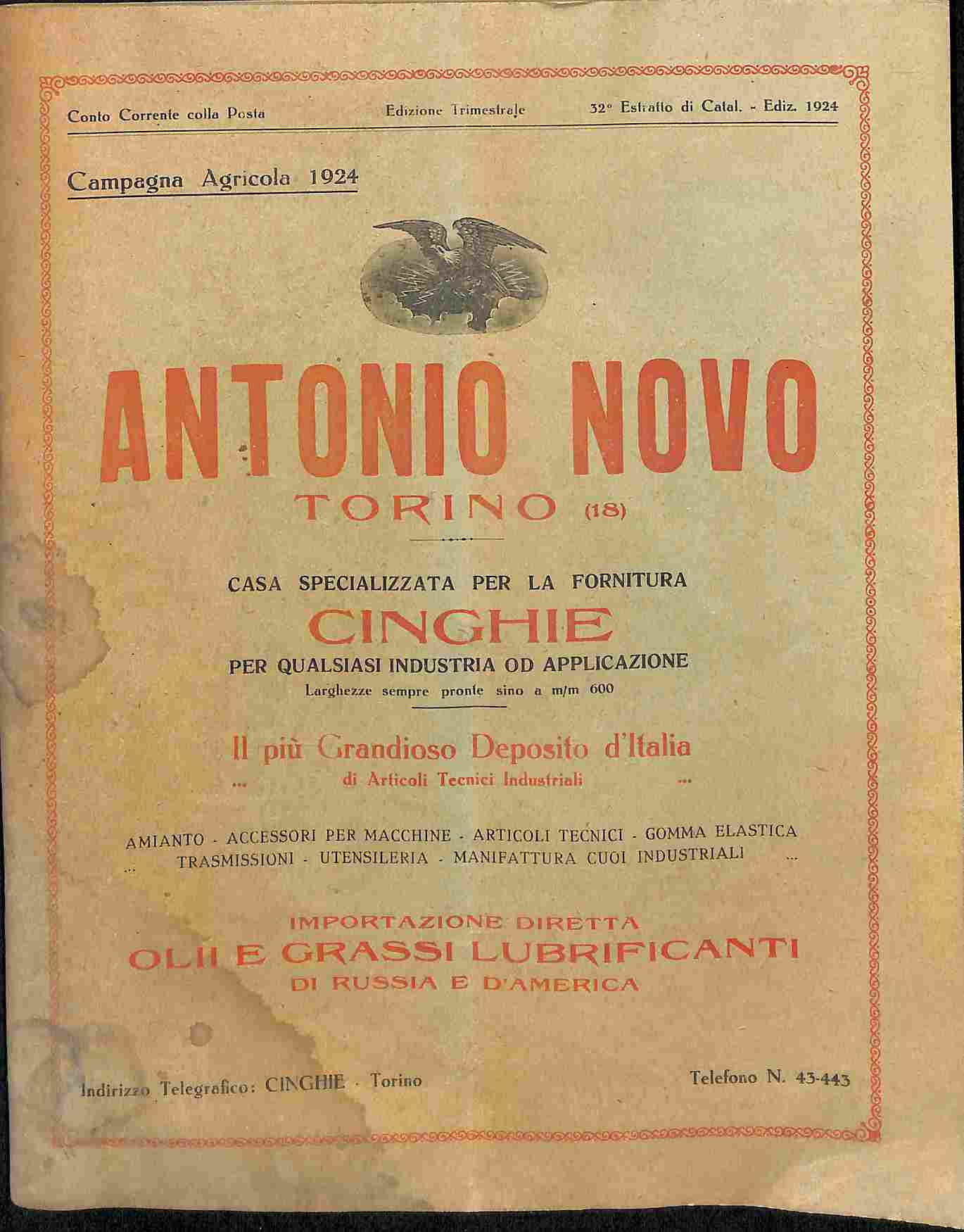 Antonino Novo, Torino. Casa specializzata per la fornitura Cinghie (catalogo)